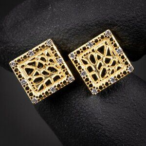 Mens 3D Iced Square 14K Gold Plated Nugget CZ Stud Screw back Stud Earrings